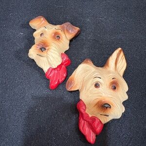 Vintage Chalkware Scottie with Red Bows Dog Heads Wall Plaques